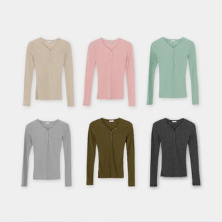 Buela Color Ribbed Henley Neck Long Sleeve T-shirt