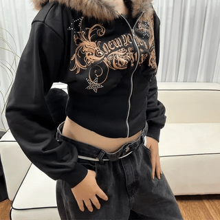 Plain crop fur hooded zip-up