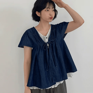 Cheeter denim layered short-sleeve blouse