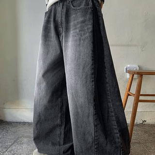 Kimodi Washed Side Pintuck Wide Denim Pants