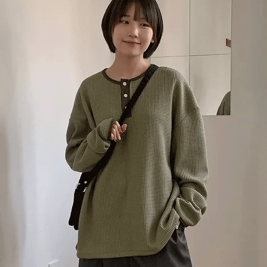 Damoc Henley Neck Waffle Oversized Long Sleeve Tee