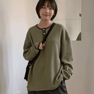 Damoc Henley Neck Waffle Oversized Long Sleeve Tee