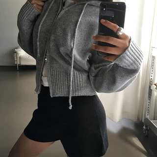 Is Two-Way Crop Knit Hooded Zip-Up Cardigan