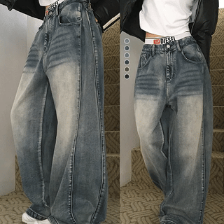 Balloon Fit Cut-Line Washed Wide Long Denim Pants