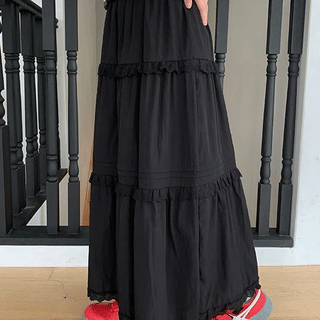 Haltree Lace Tiered Elastic Long Skirt