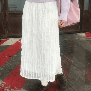 Wetten Lace Embroidered Frill Elastic Waist Long Skirt