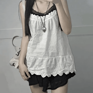Striped Lace Sleeveless / Slip Camisole Top Striped Sleeveless Strap Sleeveless Vintage Mori Girl Layered Rock Chic High Teen