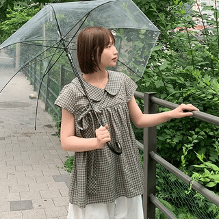 Husel Check Ribbon Short Sleeve Blouse
