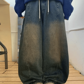 Kotei Elastic String Washed Balloon Wide Denim Pants