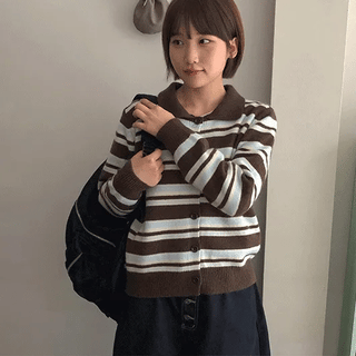 Tamen Striped Collared Knit Cardigan