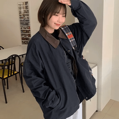 Doinin Two-Way String Collar Contrast Overwork Jacket