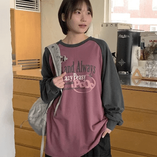 Tochenki Raglan Color Block Print Oversized Long Sleeve Tee