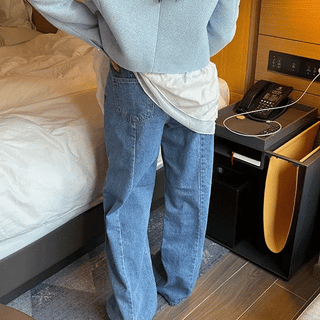 Back slit medium blue wide denim pants