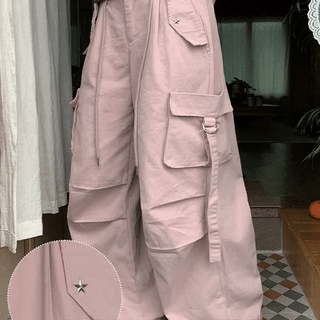 Naomin Banding Star Rivet Parachute Wide Cargo Pants