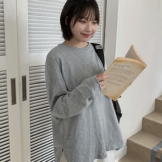 Moibe Plain Slit Ribbed Long Sleeve T-shirt