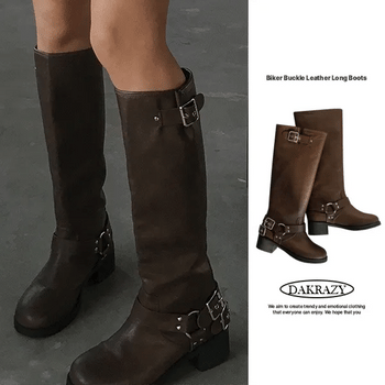 Biker buckle leather long boots