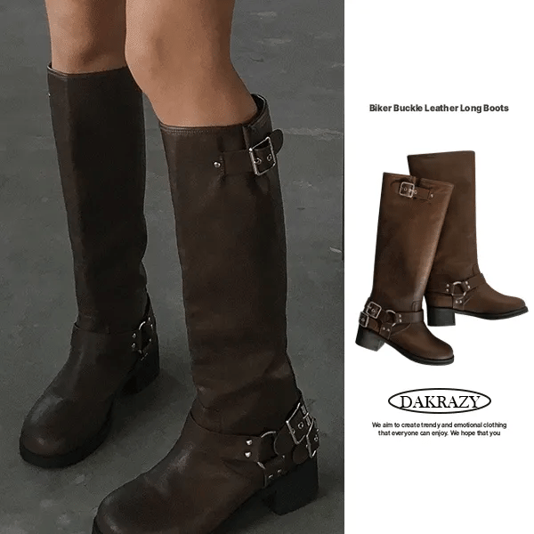 Biker buckle leather long boots