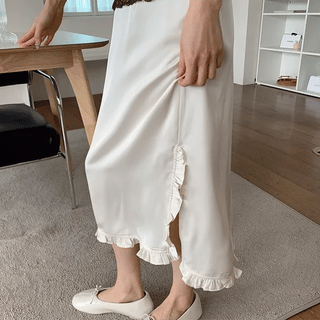 Wetten Lace Embroidered Frill Elastic Waist Long Skirt