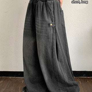 Honkidi Side Snap Elastic Waist Wide Denim Pants