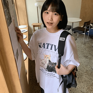 Netiku Cat Print Oversized Short Sleeve Tee