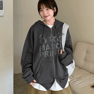 Koneni Printed Two-Way Oversized Zip-Up Hoodie