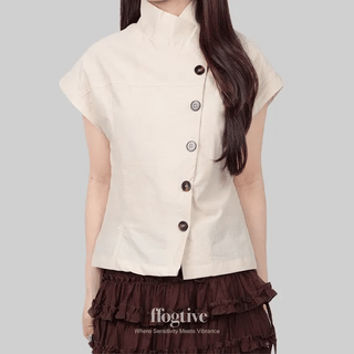Double Button Mandarin Collar Short Sleeve Blouse / Y2K Vintage Collarless Semi-Crop Daily Wedding Guest Look Pinterest Look Geek Chic Diagonal Buttons