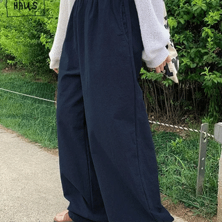 Nanove Color Linen Elastic Waist Wide Summer Pants
