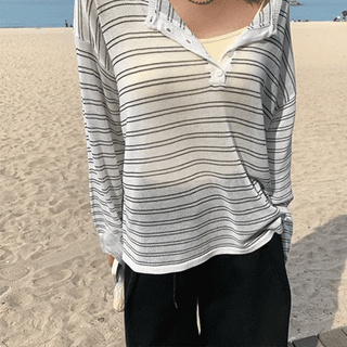 Begony Summer Stripe Loose Fit HalfButton Knit