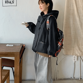 Sheen Check Color Block Hooded Field Jacket
