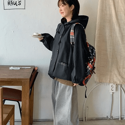 Sheen Check Color Block Hooded Field Jacket