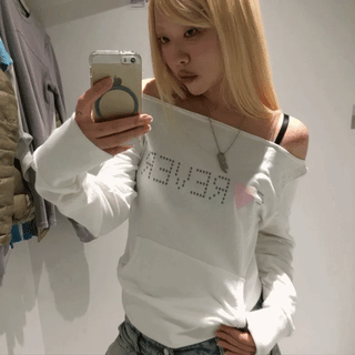 Beige Hotfix Off-Shoulder T-Shirt