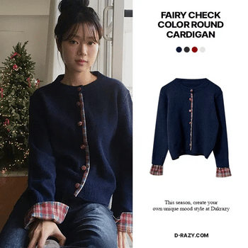 Fairy check color-block round cardigan