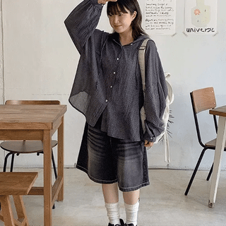 Toyu Summer Wrinkle Check Hooded Overshirt