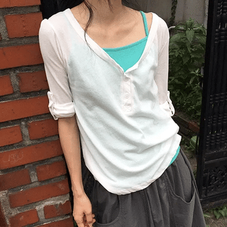 Bella Henley Neck 3/4 Button Roll-up T-shirt