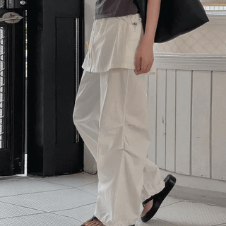 EN Shirred Lace Skirt Pants  Layered Lovely Lace See-through Shirred Skirt Pants Skirt Pants Crinkly Nylon Cargo Summer Pants Transitional Season Spring Clothes Wide Pants Elastic Waist Pants