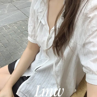 Summer Lace Cotton Frill Pintuck Blouse