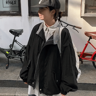 Yuuring Check Color Block Collar Pintuck Oversized Field Jumper