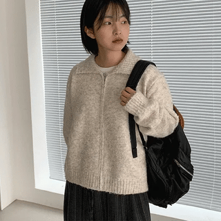 Homeli Boucle Wool Collar Zip-Up Knit Cardigan