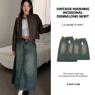 Vintage Washed Cut Denim Long Skirt