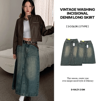 Vintage Washed Cut Denim Long Skirt