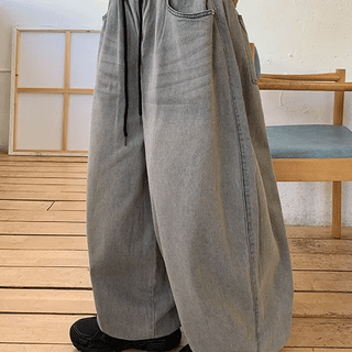 Hadecki Elastic String Washed Balloon Wide Denim Pants