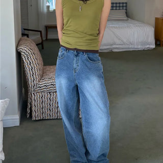 STUD DETAIL WASHED WIDE DENIM PANTS