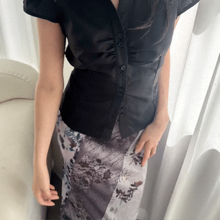 Double Button Mandarin Collar Short Sleeve Blouse / Y2K Vintage Collarless Semi-Crop Daily Wedding Guest Look Pinterest Look Geek Chic Diagonal Buttons
