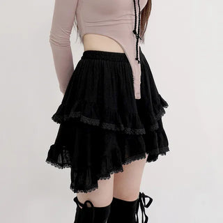 Tuo Ruffled Asymmetrical Skirt  Layered Mini Skirt Skirt Skirt Midi Skirt Ruffle Skirt Frill Lace Geek Chic De Muer New Spring Arrival Elastic Waist Cotton Skirt Basic Daily Simple