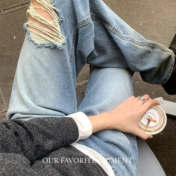 Damaged Medium Blue Wide Denim Pants