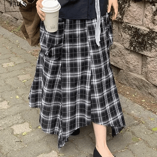 Chemini Check Asymmetrical Long Skirt