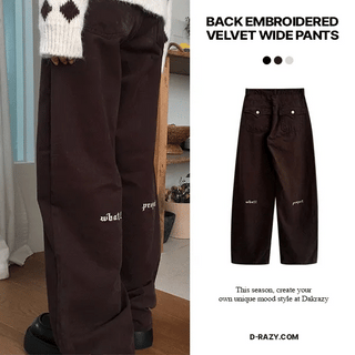 White embroidered velvet wide cotton pants