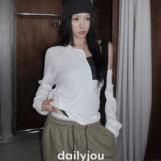 Janette Oversized Waffle Henley Neck Long Sleeve T-shirt