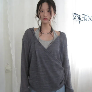 Loose See-through Hooded Wrap Shirred Knit