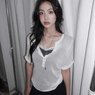 Baren Roll-up Henley Neck Loose Fit Sheer 3/4 Sleeve Knit